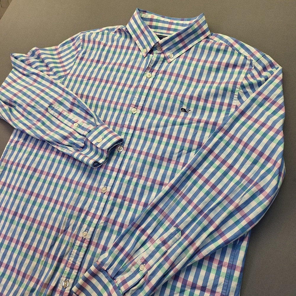 Vineyard Vines Mens Slim Fit Whale Shirt Blue Purple Gingham Check Button Down L